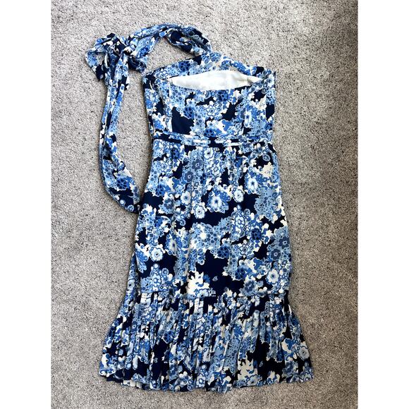 Tory Burch Blue Floral Silk Halter Neck Midi Dress - Picture 9 of 9